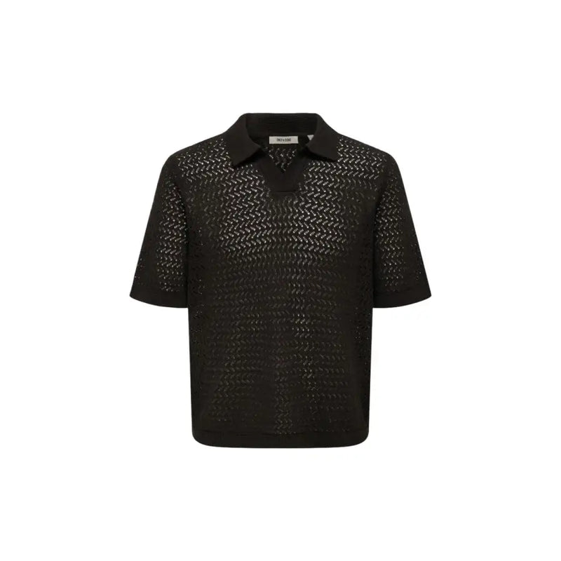 Only & Sons men polo v neck black organic cotton short sleeve with textured knit and subtle herringbone pattern