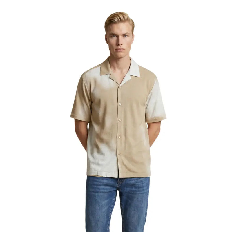 Only & Sons Herrenhemd, beige und cremefarben, zweifarbig, kurzärmelig, mit Knopfleiste und Kragen aus Baumwollmischgewebe