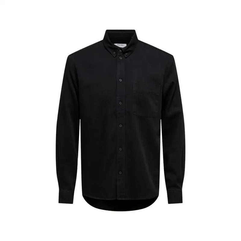 Only & Sons men shirt in black long-sleeved button-down design with chest pocket and classic collar for formal wear