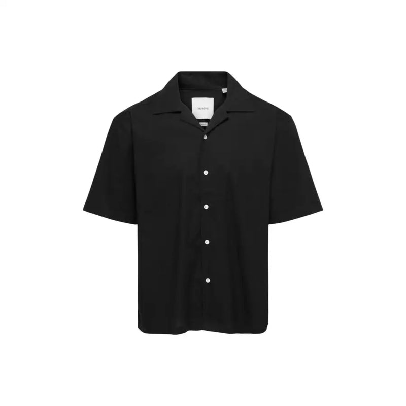 Black short-sleeved button-up shirt with collar and white buttons by Only & Sons for men