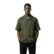 Olive green short-sleeved button-up shirt with collar and white buttons by Only & Sons men shirt