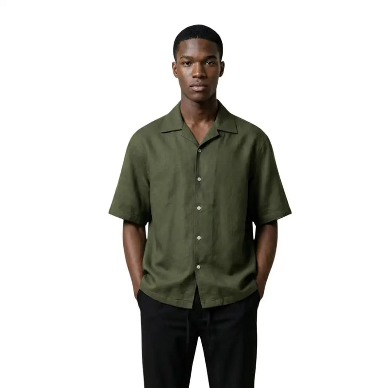 Olive green short-sleeved button-up shirt with collar and white buttons by Only & Sons men shirt