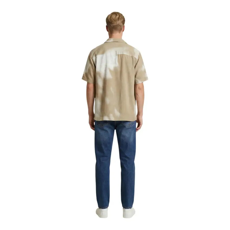 Only & Sons Herrenhemd, beige und weiß, Batikmuster, kurzärmelig, mit Knopfleiste, lässiges Hemd