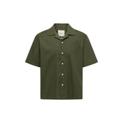 Only & Sons men shirt olive green short-sleeved button-up with collar and white buttons for casual wear