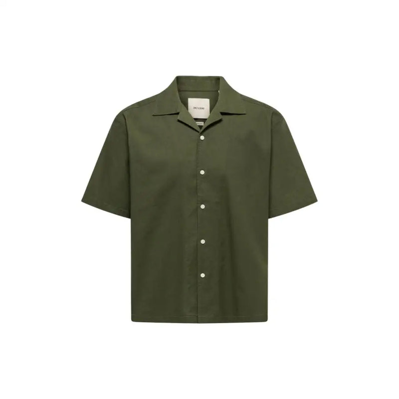 Only & Sons men shirt olive green short-sleeved button-up with collar and white buttons for casual wear