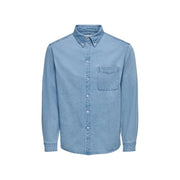 Light blue denim button-up shirt with classic collar and chest pocket by Only Sons for men