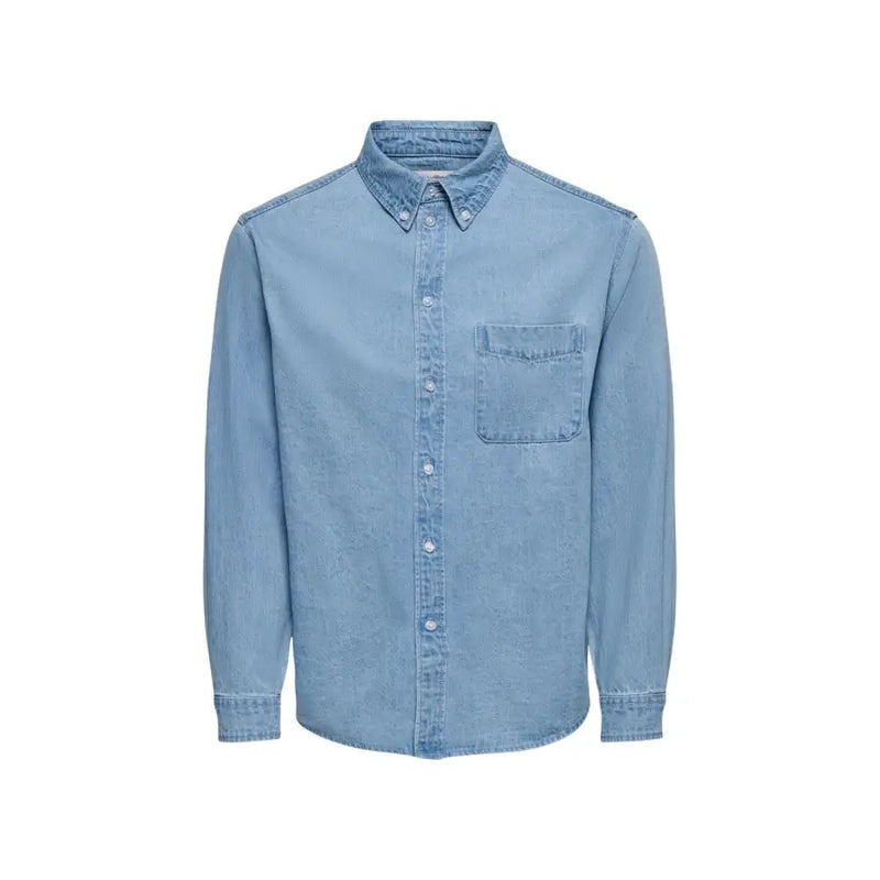 Light blue denim button-up shirt with classic collar and chest pocket by Only Sons for men