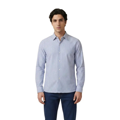 Only & Sons men shirt in light blue and white vertical stripes with a classic collar and long button-down sleeves