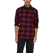 Only and sons men shirt in bold red and black plaid soft flannel long-sleeved button-up design
