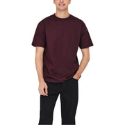 A maroon short-sleeved crew neck t-shirt made of soft cotton by Only and Sons for men