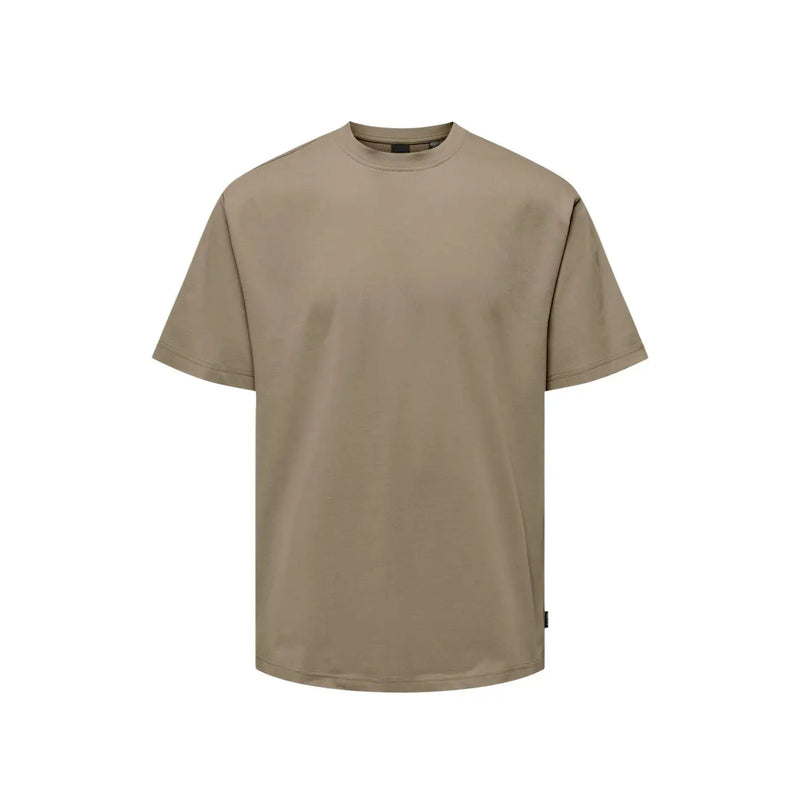 Only & Sons men beige crew-neck t-shirt with short sleeves and subtle side tag made from soft material