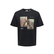 Schwarze Baumwolle Only & Sons Männer t-shirt mit einem geteilten Mona-Lisa-Grafikdruck und darüberliegendem da-Vinci-Schriftzug