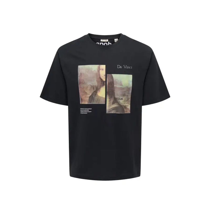 Schwarze Baumwolle Only & Sons Männer t-shirt mit einem geteilten Mona-Lisa-Grafikdruck und darüberliegendem da-Vinci-Schriftzug