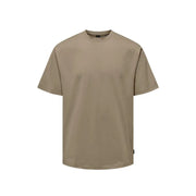 Only & Sons men beige crew-neck t-shirt with short sleeves and subtle side tag made from soft material