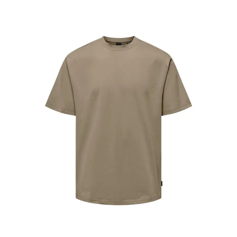 Only & Sons men beige crew-neck t-shirt with short sleeves and subtle side tag made from soft material