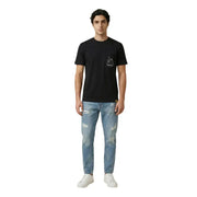 Black short-sleeved cotton t-shirt from Only Sons featuring a small white line drawing on the left chest