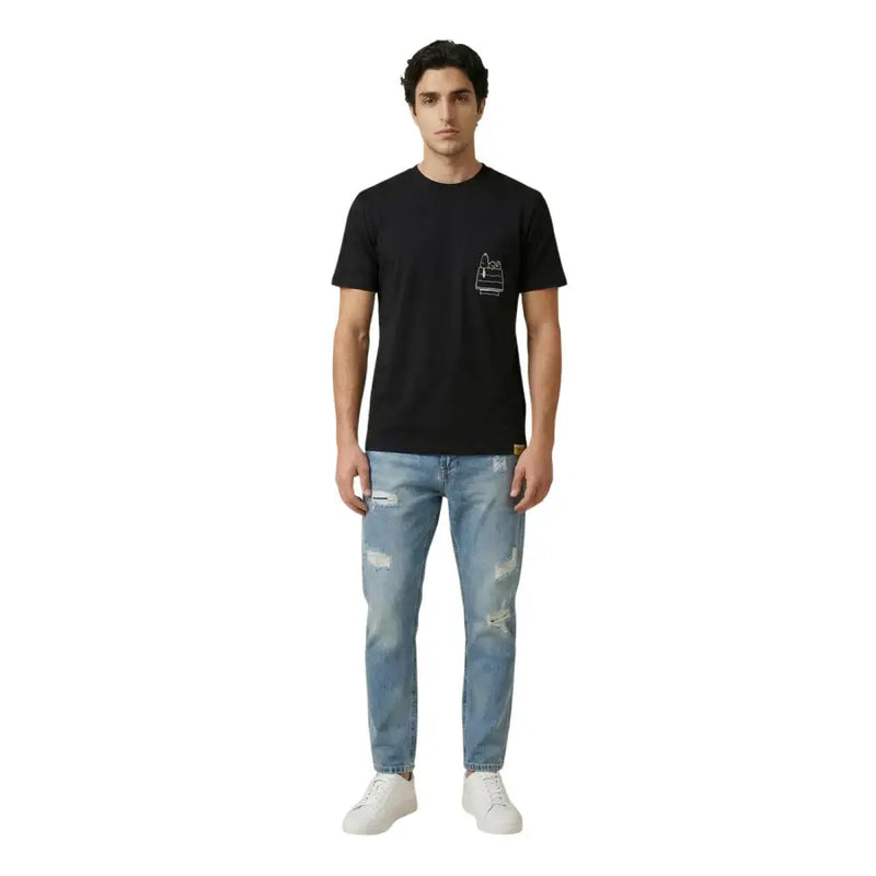Black short-sleeved cotton t-shirt from Only Sons featuring a small white line drawing on the left chest