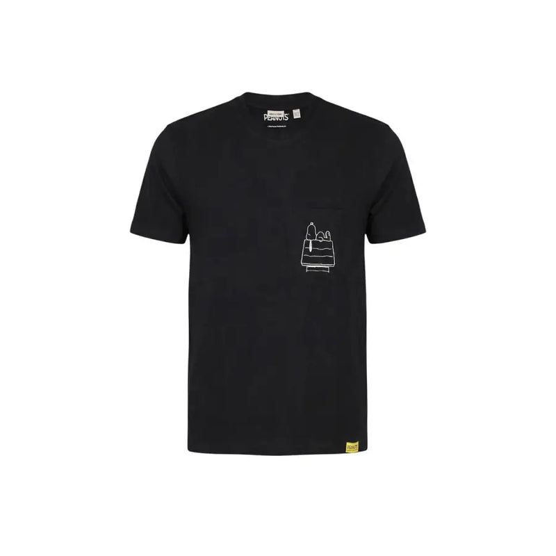 Black short sleeved only & sons men t-shirt featuring a white line drawing of snoopy on the left chest pocket