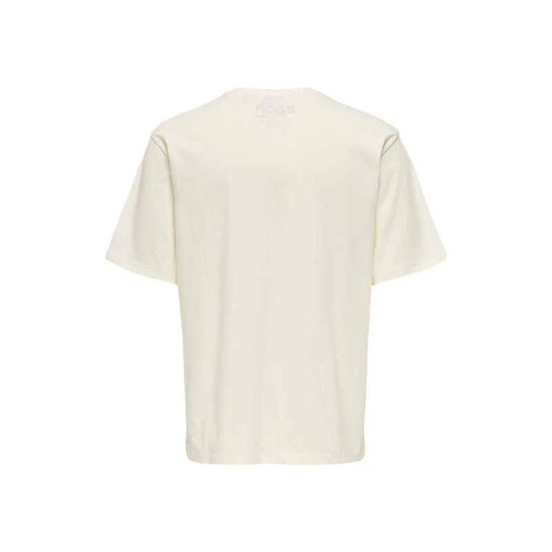 Only & Sons men t-shirt cream-colored short-sleeved with crew neck and subtle logo at neckline in cotton material