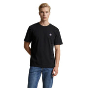 Only schwarzes Herren-T-Shirt von and sons aus Bio-Baumwolle, kurzärmelig, mit kleinem, gesticktem Sonnenmotiv-Logo auf der linken Brust.