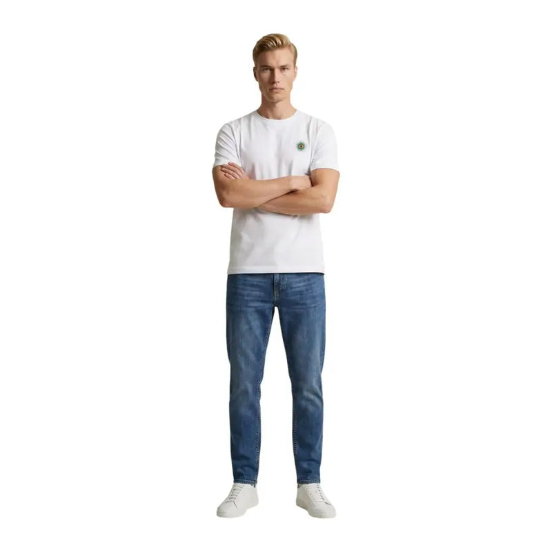Only & Sons Herren-T-Shirt aus weißer Bio-Baumwolle mit kleinem, grünem, gesticktem Logo auf der linken Brust, Größe M
