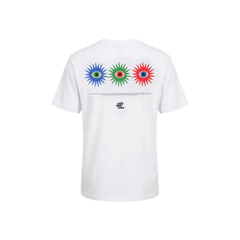 Only & sons Weißes Herren-T-Shirt aus Bio-Baumwolle mit auffälligem Aufdruck von drei stilisierten Augen in Blau, Grün und Rot, Größe M