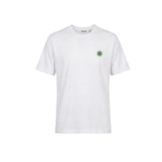Only & Sons Herren-T-Shirt aus weißer Bio-Baumwolle mit kleinem, grün-rotem, gesticktem Sonnenmotiv auf der linken Brust, Größe M