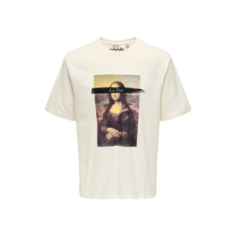 cremefarbene Baumwolle t-shirt von Only & Sons mit einer gedruckten Mona-Lisa-Grafik und dem Text „la vina“ auf der Vorderseite