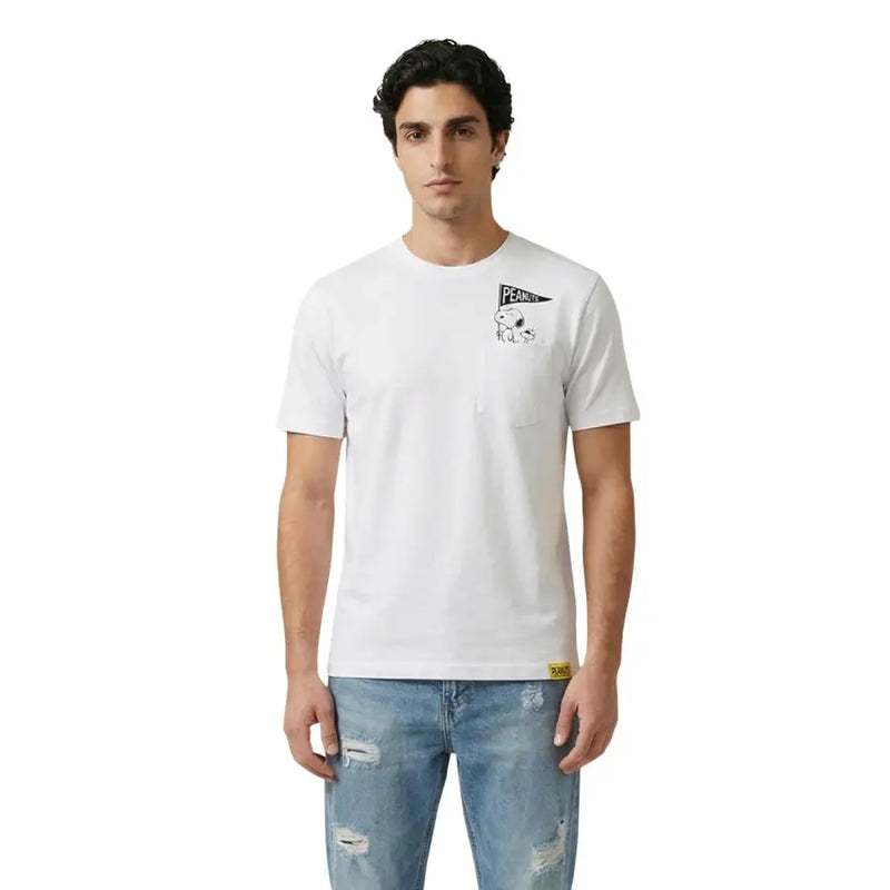 White cotton only & sons men t shirt with black and white snoopy graphic and peanuts text on left chest