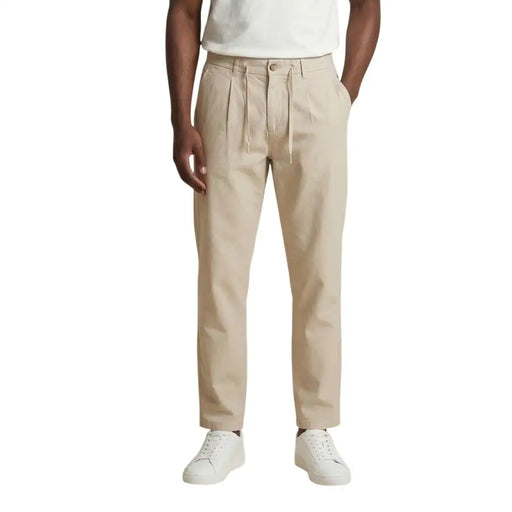 Only and sons men trousers beige pleated chino pants with drawstring waistband in cotton linen blend size 32