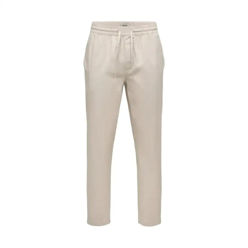 Beige cotton jogger pants with elastic waistband and drawstring from only & sons men trousers collection