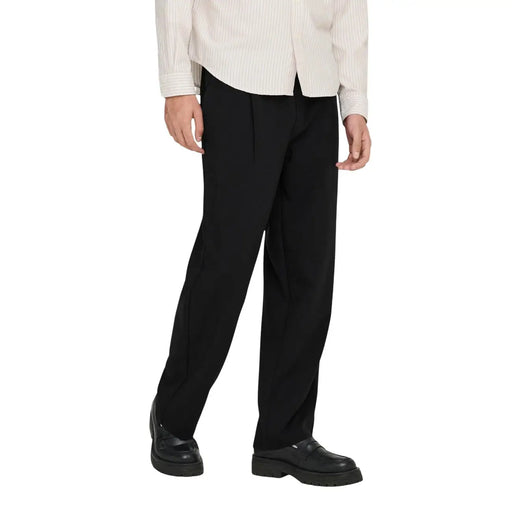Black tailored trousers by only & sons featuring a straight-leg cut and subtle pleats at the waist