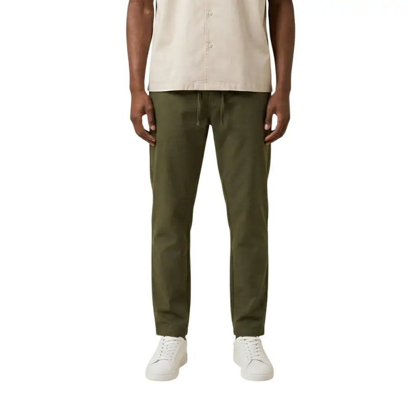 Only & Sons men olive green tapered chino trousers with drawstring waistband for casual and semi-formal wear