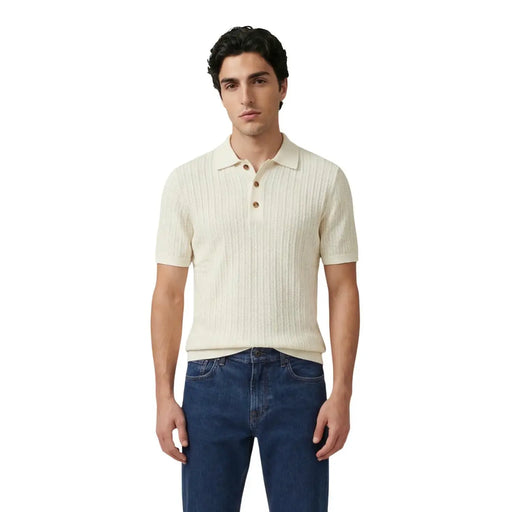 Only and sons men white cotton polo short sleeve shirt cream-colored ribbed knit with brown buttons and short sleeves