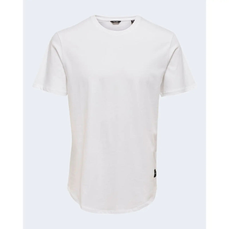Only and Sons men white cotton crew-neck t shirt with short sleeves and subtle black logo tag at neckline