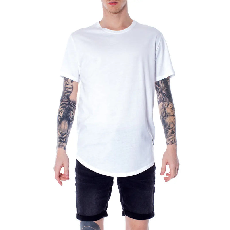 Only and sons men white cotton t shirt round neck with crew neck and slightly curved hemline in a minimalist style