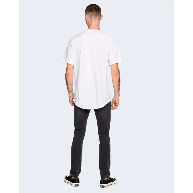 Only and Sons men white cotton t shirt oversized with short sleeves relaxed fit and curved hem front view