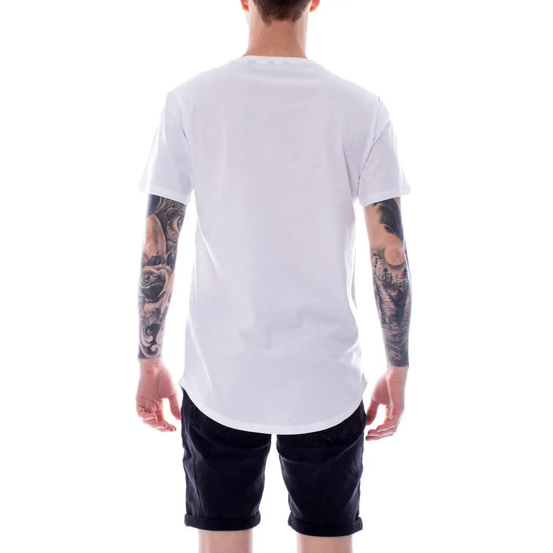 Only and sons men white cotton t shirt with round neck short sleeves relaxed fit and curved hemline