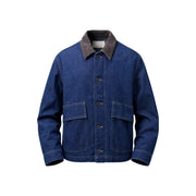 Only Herren-Jeansblazer von and sons in Blau, aus Baumwolle, mit braunem Cordkragen und zwei aufgesetzten Vordertaschen.