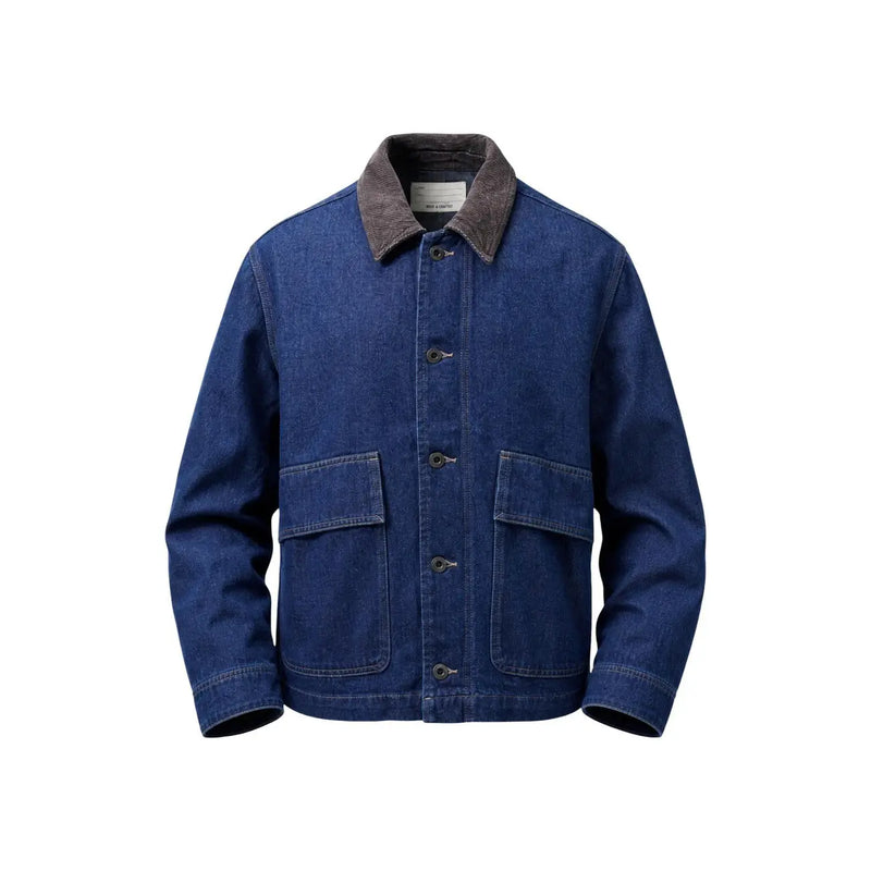 Only Herren-Jeansblazer von and sons in Blau, aus Baumwolle, mit braunem Cordkragen und zwei aufgesetzten Vordertaschen.