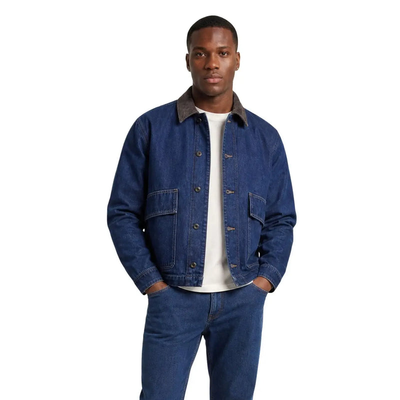 Only Herren-Jeansblazer von and Sons in Blau, aus Baumwolle, mit kontrastierendem braunem Kragen und zwei Vordertaschen