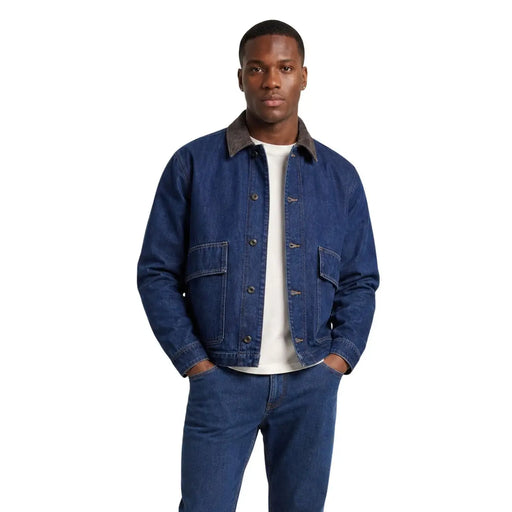 Only and Sons mens blue denim blazer cotton jacket with contrasting brown collar and two front pockets