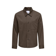 Only and sons mens brown overshirt in olive green with regular fit, button-up style, classic collar, and chest pocket