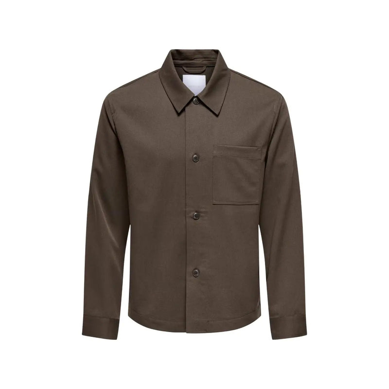 Only and sons mens brown overshirt in olive green with regular fit, button-up style, classic collar, and chest pocket