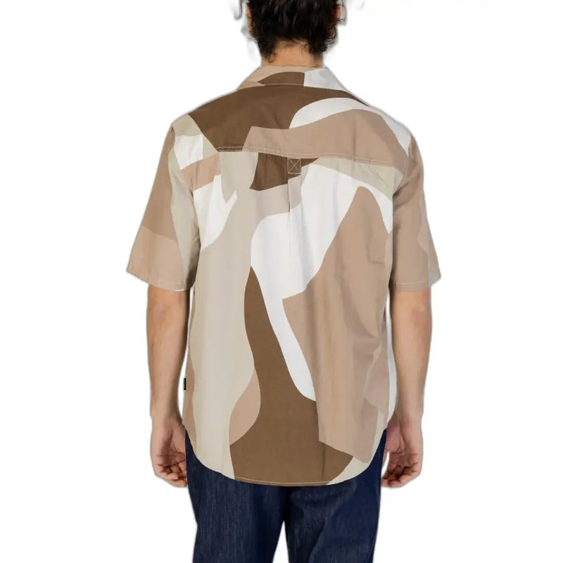 Only & Sons men’s brown print short sleeve button-up shirt in modern desert camouflage with tan beige and white shapes