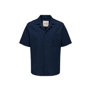 Only and Sons mens cotton resort shirt blue navy short-sleeved button-up with subtle textured weave and classic collar