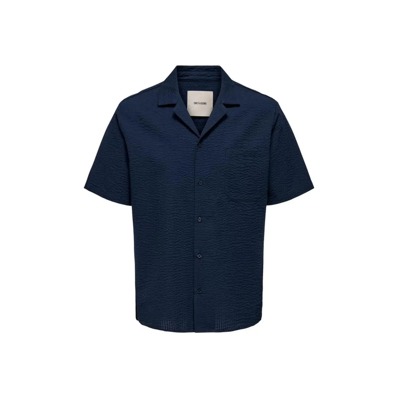 Only and Sons mens cotton resort shirt blue navy short-sleeved button-up with subtle textured weave and classic collar