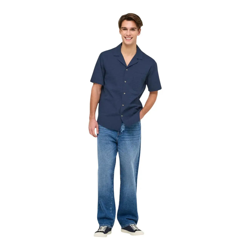 Only and sons mens navy blue cotton short-sleeved button-up resort shirt displayed from the front