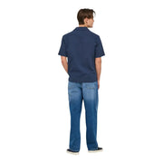 Only and Sons mens cotton resort shirt in navy blue short sleeves paired with medium wash denim jeans