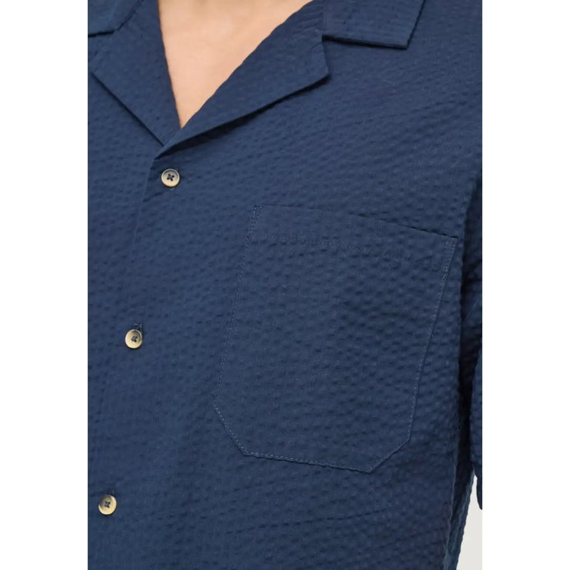 Only and Sons mens cotton resort shirt in navy blue with a textured woven pattern and metallic buttons